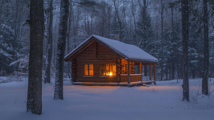 cozy cabin in snowy forest, glowing warmly from within, evokes sense of tranquility and comfort