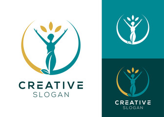 Woman raising both hands and leaf elements logo design for women empowerment