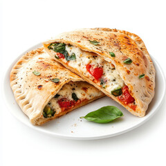 Calzone Delight: A crispy, golden-brown calzone filled with melted mozzarella cheese, tangy tomato sauce, and fresh basil, resting on a white plate, ready to tantalize taste buds.