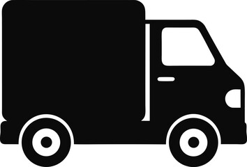  A black silhouette of a small delivery truck, vector illustration on transparent background..