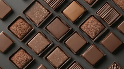 Fototapeta premium Assorted Dark and Milk Chocolate Squares Collection on Dark Gray Background Display