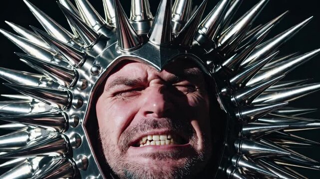 Close-up portrait of a rock singer wearing a futuristic metal helmet with spikes, screaming with his mouth wide open, expressing his emotions during a live performance