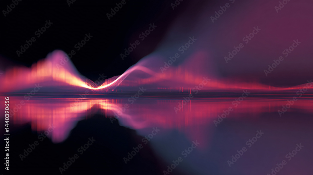 Poster abstract glowing pink oscillations with reflection on a gradient background