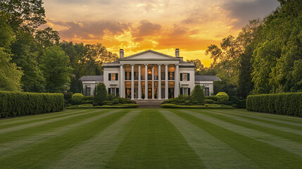 Obraz premium Classic white mansion with grand pillars and manicured lawn, surrounded by lush greenery sunset