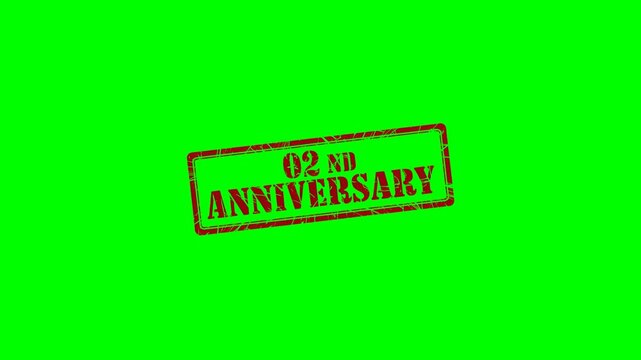 Animated "2ND ANNIVERSARY" rubber stamp seal with bold red text on a green screen background for celebrating milestone achievements, special events, and promotional content.
