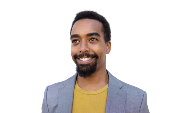 Smiling executive wearing business attire, looking upward against transparent backdrop - Powered by Adobe