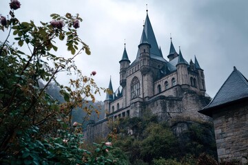 Fototapeta premium A landscape with an ancient moody and mystical medieval castle, forest, old stone palace towers set against a natural backdrop, castlecore style AI