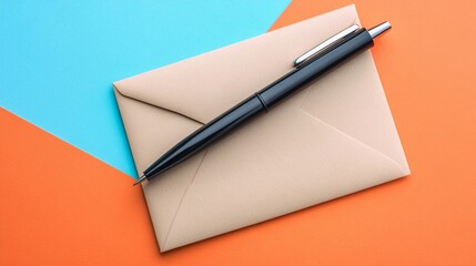 A stylish black pen rests on a beige envelope against a vibrant blue and orange background, symbolizing communication and creativity in modern correspondence.