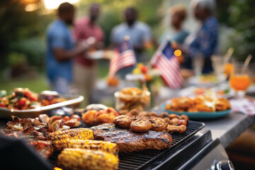 Naklejka premium 4th of July barbecue scene with group of friends or family enjoying the food and company outdoors, celebrating Independence day 
