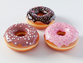 Colorful donuts with chocolate and pink icing topped with sprinkles on a white background perfect for sweet treats or dessert themed projects