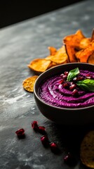 Bowl filled with carrot and beetroots dip or sauce, and crispy chips for snack, healthy vegan food, AI generated photo