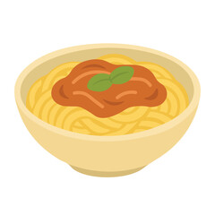 Delicious cartoon bowl of spaghetti with tomato sauce and basil, isolated, flat vector food style.