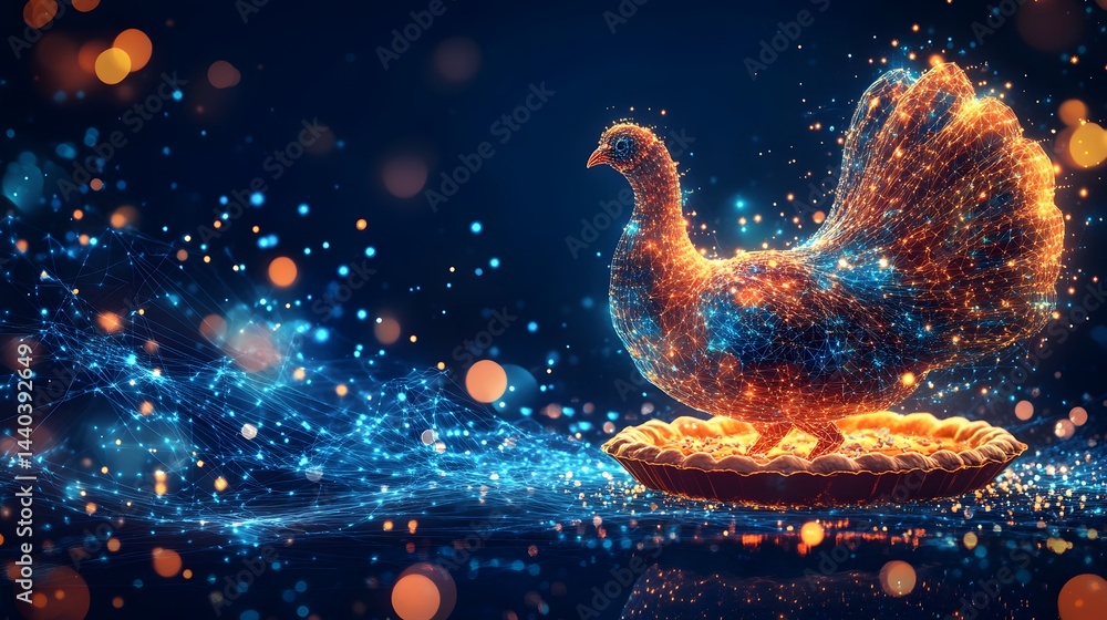 Poster futuristic thanksgiving with a digital turkey atop a golden pie crust. abstract network design again