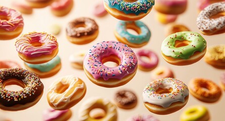 Colorful Floating Donuts with Frosting and Sprinkles on a Soft Background, Perfect for Sweet Treats, Desserts, and Bakery-Themed Designs