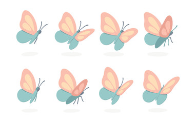 Butterfly animation frame icons set – flying, wings, flutter, sequence, pastel, motion, nature