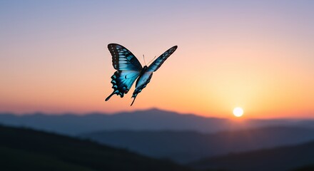 Fototapeta premium Blue butterfly soaring at sunrise