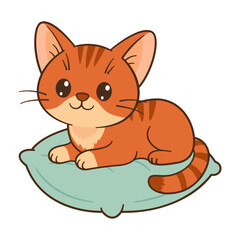 Cute orange tabby kitten lying on the pillow. Chibi ginger Cat. Flat style, clean, simple, adorable feline graphic. Perfect for children’s content, greeting cards, stickers, or tshirts, mug and poster