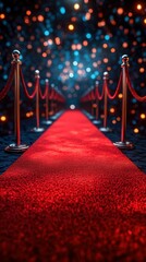 Red carpet leading to a glamorous event under sparkling lights at night with stanchions and ropes in place