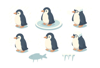 Obraz premium Winter penguin icons set – penguins, ice, snow, fish, cold