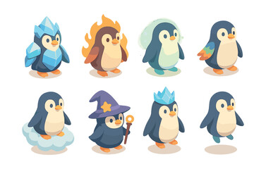 Fototapeta premium Fantasy penguin icons set – ice, fire, ghost, rainbow, cloud, wizard, crown, floating