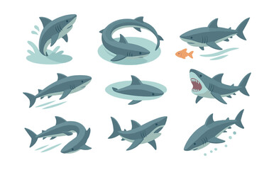 Fototapeta premium Shark icons set – various poses, swimming, hunting, jumping, jaws