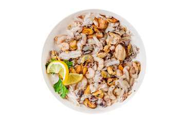 Seafood mix frut de mer mussels, shrimp, prawn, rapan, squid dish fresh gourmet food background on the table rustic food top view copy space keto  paleo diet vegetarian pescetarian diet