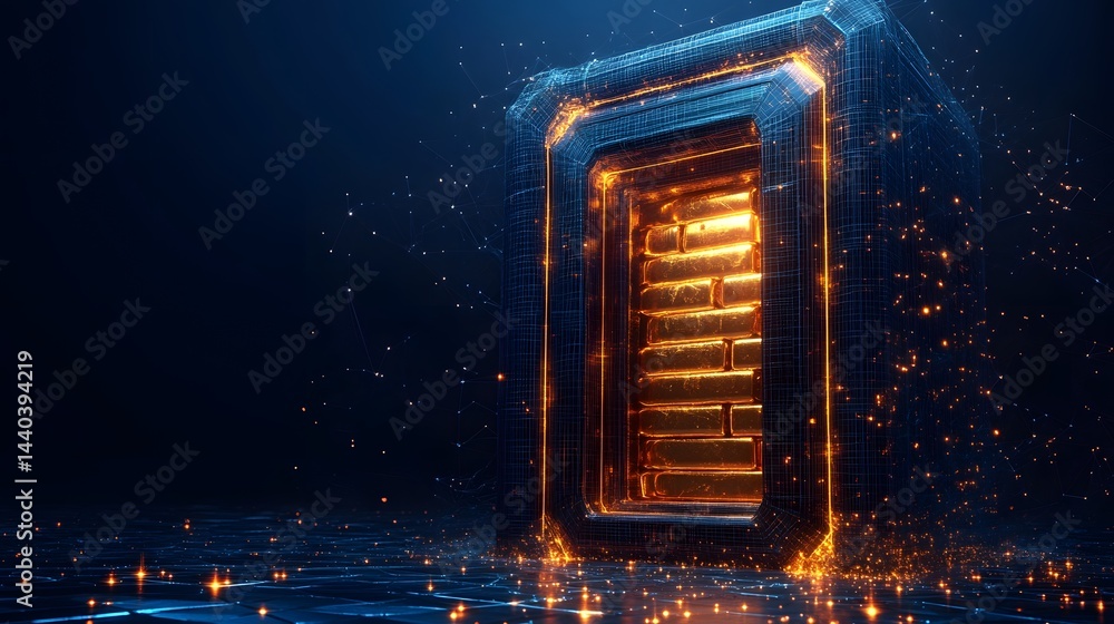 Poster Glowing gold bars are encased within a digital wireframe cube on a grid floor, surrounded by network points and lines. Conceptual wealth and technology meet. Abstract wireframe in dark blue.