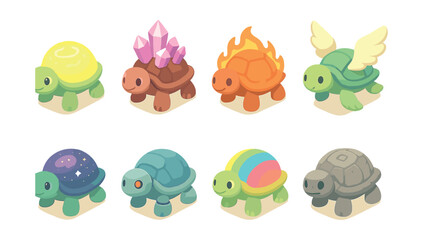 Obraz premium Fantasy turtle icons set – crystal, flame, wings, galaxy, rainbow, stone, yellow, blue, green