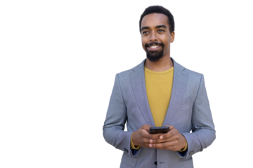 Young entrepreneur holding mobile phone, looking away and smiling, isolated on transparent background