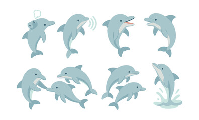 Fototapeta premium Dolphin behavior icons set – playful, jumping, communicating, interacting, swimming