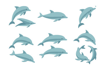 Fototapeta premium Dolphin icons set – playful, marine, jumping, swimming, ocean, sea, aquatic, wildlife, water, mammal