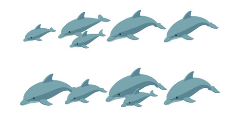 Dolphin themed icons set – aquatic, family, jumping, playful, wildlife, ocean, mammals