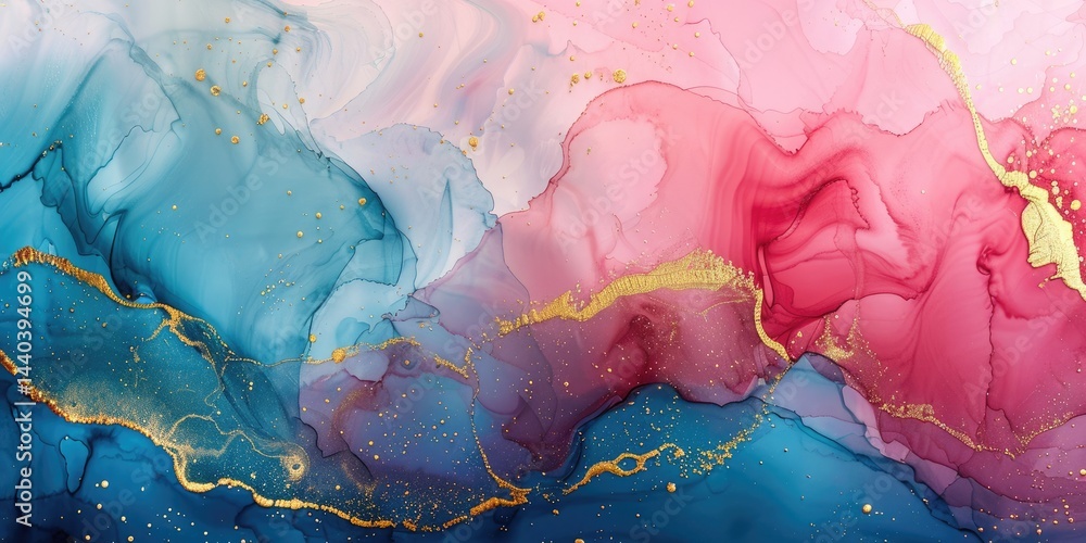 Poster the close up abstract picture of the blue and pink colour mixing each other with gold color inside m