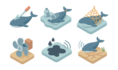 Marine conservation icons set – whales, pollution, rescue, net, oil spill, drought, fan