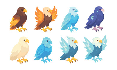 Obraz premium Colorful fantasy eagle icons set – fire, ice, night, storm, celestial, mythical birds