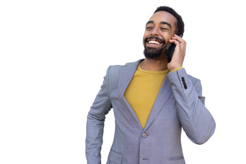 Professional businessman laughing during phone conversation, transparent background