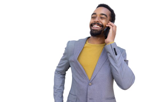 Professional businessman laughing during phone conversation, transparent background