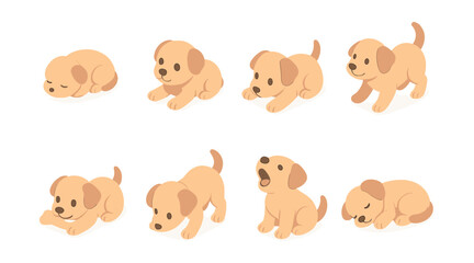 Cute puppy icons set – sleeping, playing, curious, chewing, yawning, sitting, stretching, tail wagging