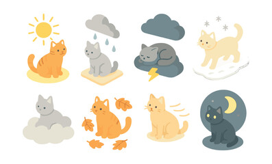 Fototapeta premium Weather-themed cat icons set – sun, rain, storm, snow, clouds, moon, leaves, lightning