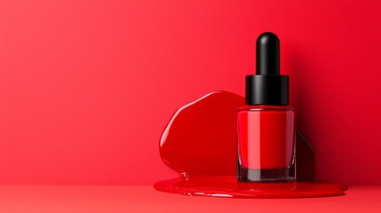 Sleek Red Nail Polish Bottle with Glossy Spill on a Vivid Red Background