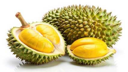 Fototapeta premium Durian Fruit: Delicious Yellow Segments & Spiky Shell - High-Res Photo