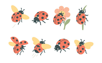 Ladybug icons set &ndash; flying, perched, flower, leaf, group, wings, nature, red, spots, cute