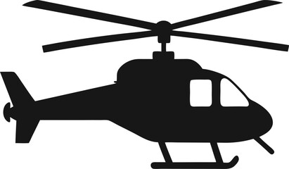 A  black silhouette of a helicopter with visible rotor blades vector illustration on transparent background.