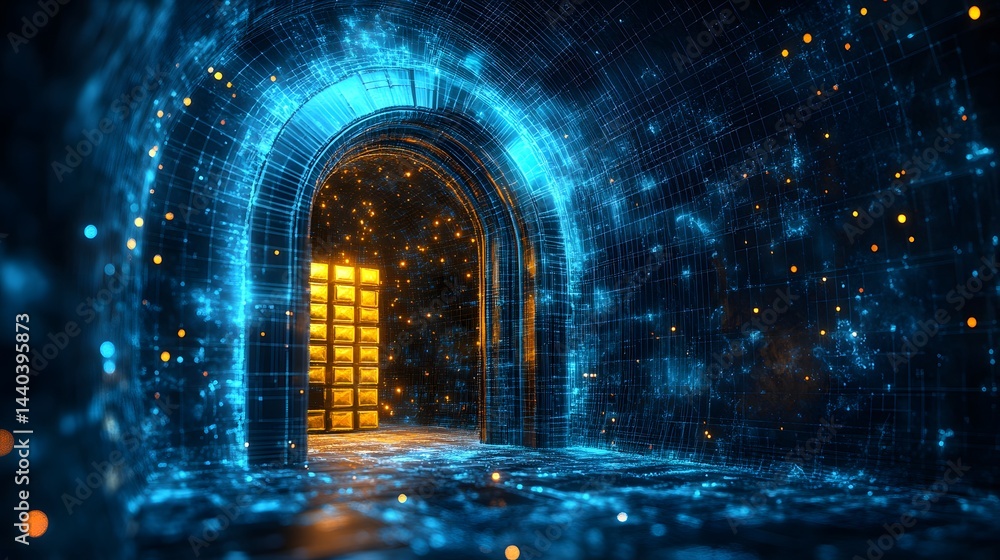 Aufkleber Futuristic abstract scene featuring a glowing blue grid archway leading to a stacked golden bar. Floating orange dots enhance depth, creating a digital environment. Abstract wireframe in dark blue