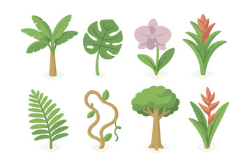 Tropical plant icons set &ndash; palm, monstera, orchid, bromeliad, fern, vine, tree