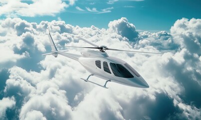 A luxurious polished private helicopter against a picturesque sky and clouds, an epic photograph of VIP air transportation and the sky, AI-generated