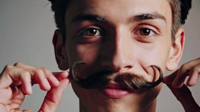 Young man playfully twirling mustache with expressions of joy and playfulness