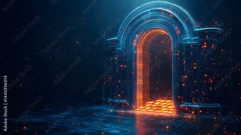 Aufkleber Step into a digital realm! Glowing Gold steps lead through a blue wireframe archway against a starlit sky. Fiery particles dance, creating depth and intrigue. Abstract wireframe in dark blue