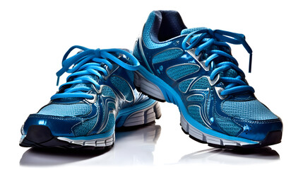 A pair of blue running shoes with white laces on a white background.
