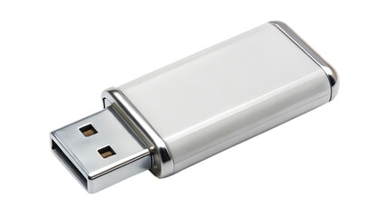 Closeup shot of a white and silver USB flash drive on transparent background